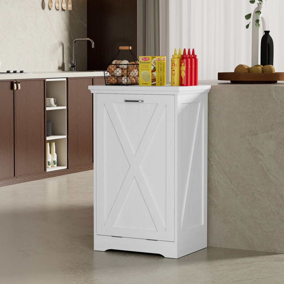 Tolead Double Tilt Out Trash Cabinet, Wooden Free Standing Laundry Sorter Cabinet, with Hideaway Drawer, White