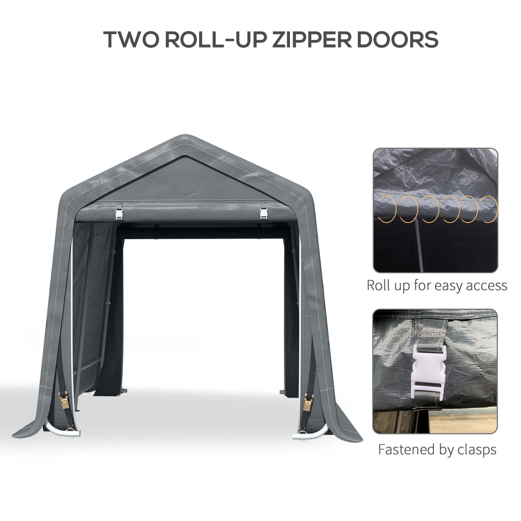 Outsunny 6'x8' Outdoor Storage Shelter with Rollup & Zipper Door, Heavy Duty Carport Shed for Motorcycle Garden Storage, Grey
