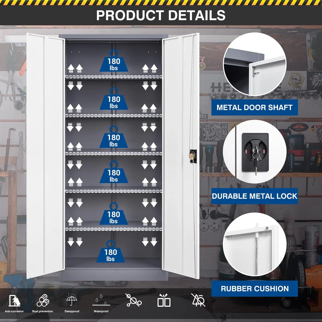 Fesbos Metal Garage Storage Cabinet,71" H Tall White Cabinet with 2 Doors and 5 Adjustbale Shelves,Lockable Tool Cabinet for Garage, Basement, Home Office