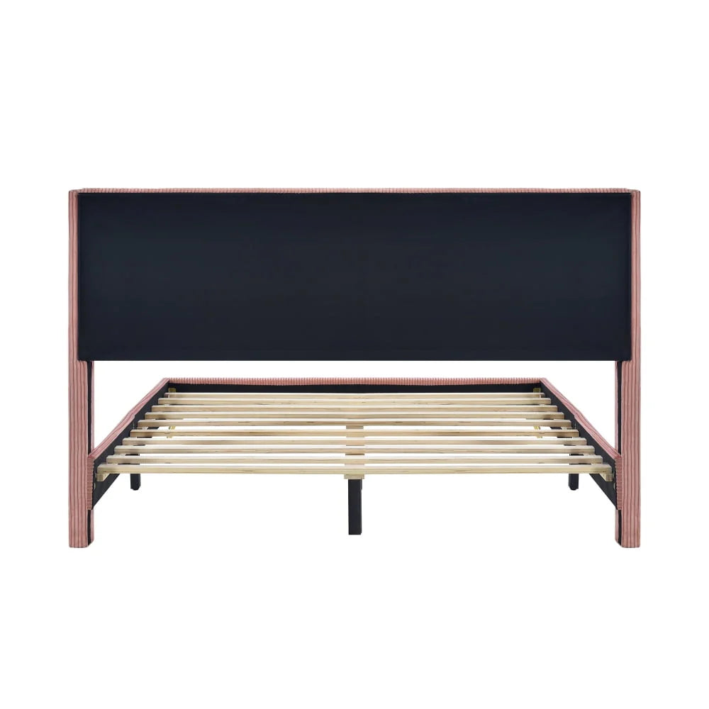 Queen Size Corduroy Platform Bed with Wingback Headboard,Wood Corduroy Platform Bed with Metal Legs and Slats Support,Upholstered Bed Frame for Kids Adult Bedroom,No Box Spring Needed,Pink