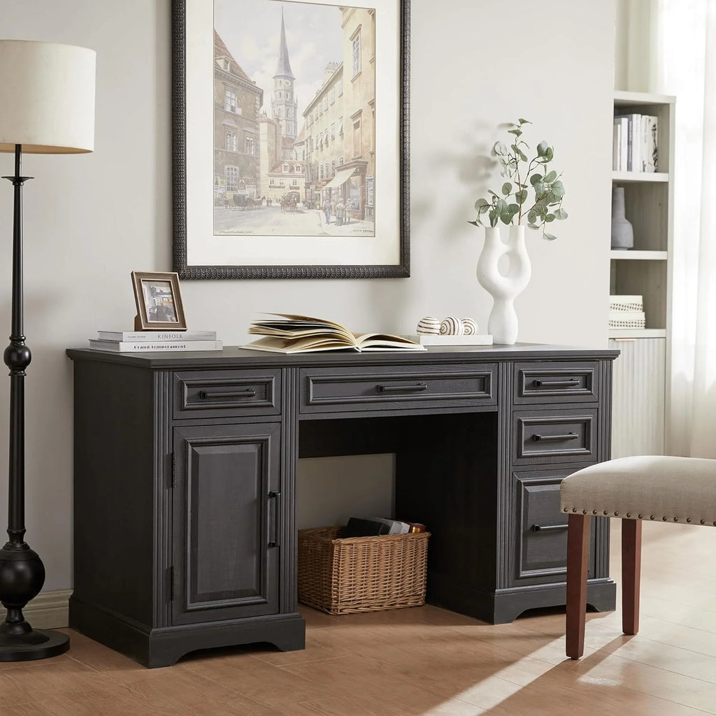 T4TREAM Farmhouse Wood 58" Executive Desk, Home Office 30" High Computer Desk with Drawers and Storage Cabinet, White