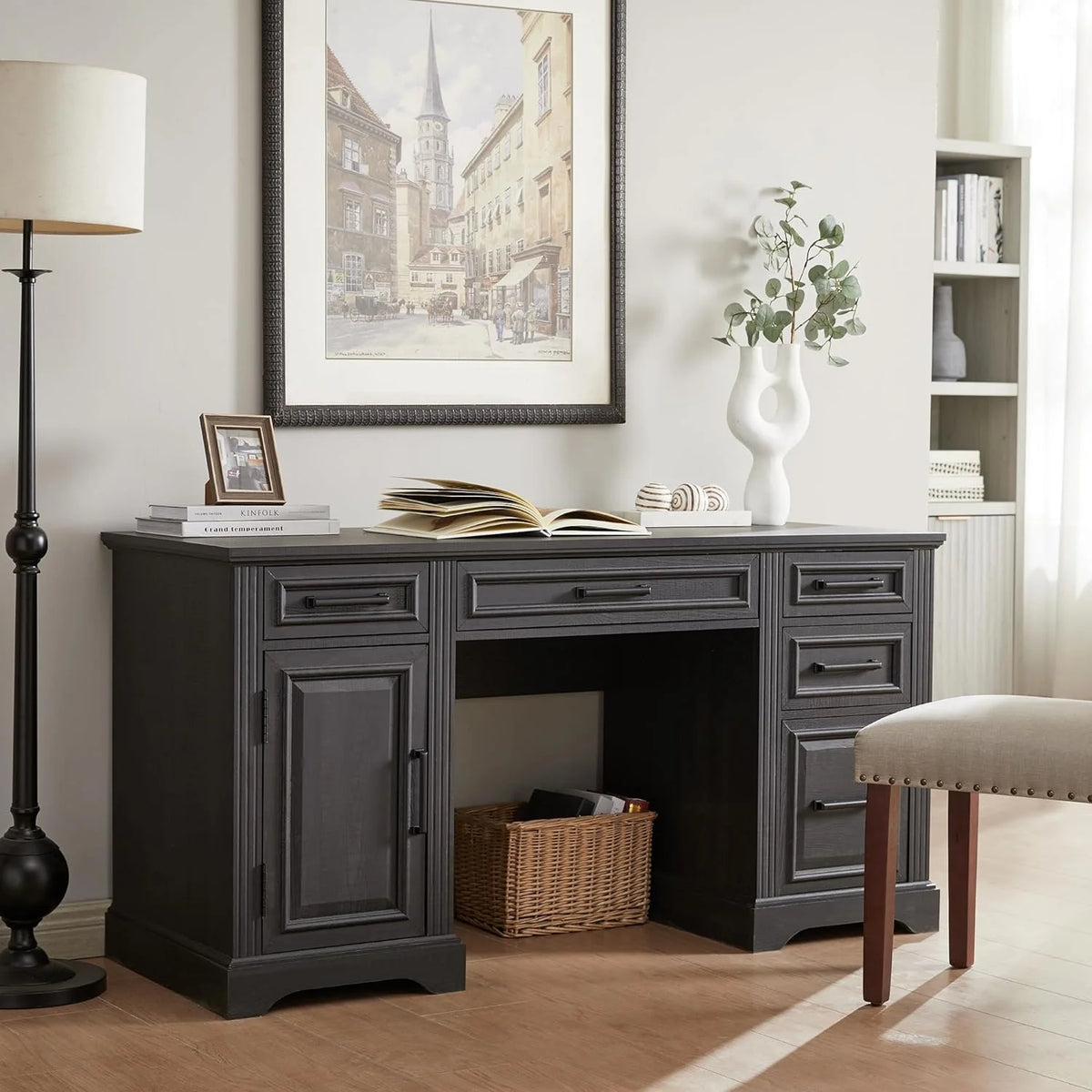 T4TREAM Farmhouse Wood 58" Executive Desk, Home Office 30" High Computer Desk with Drawers and Storage Cabinet, White