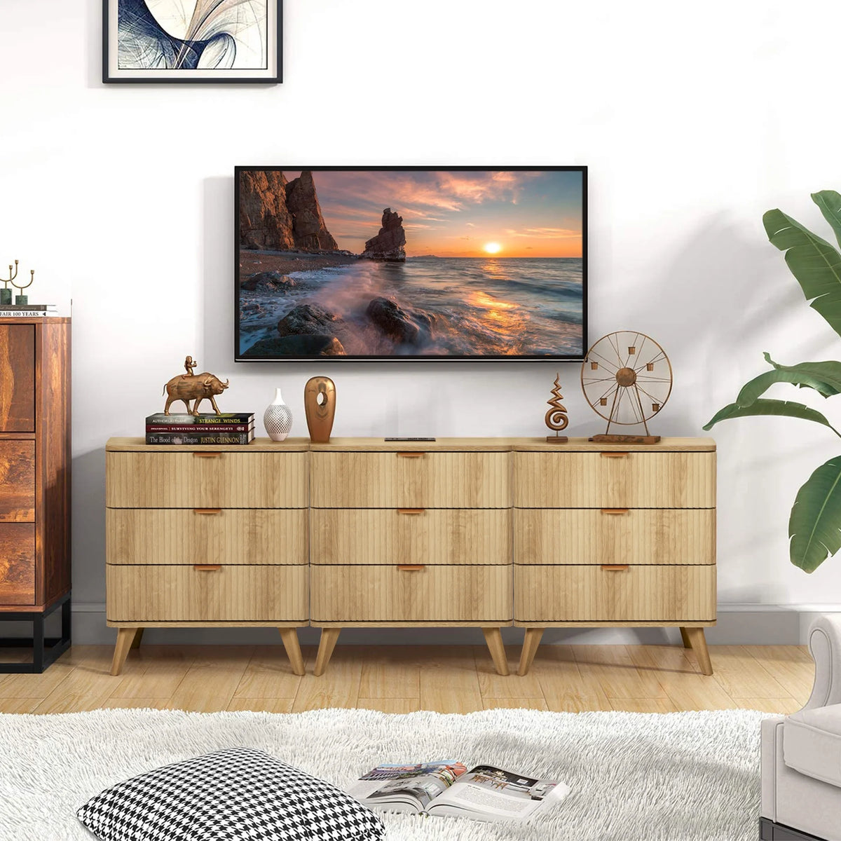 YOCWO Fluted Nightstand for Bedroom Set of 2 , Wood Bedside Table Set of 2 with Drawers, Black