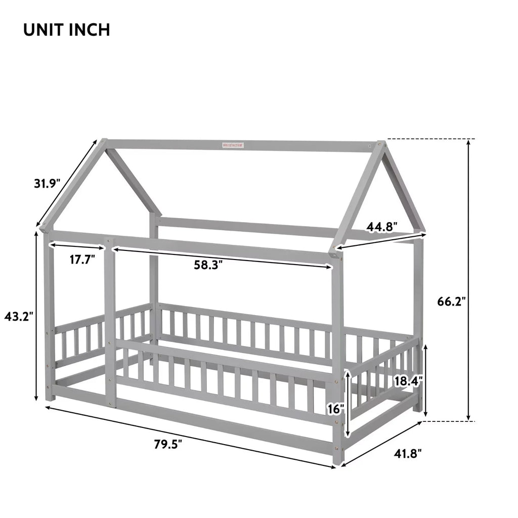 Twin Size House Bed for Boys and Girl, Wooden Canopy Bed Tent Bed, Playhouse Design Bed Frame with Full-lenth Guardrail, Bedroom Furniture, 79.5��L x 44.8��W x 66.2��H, White