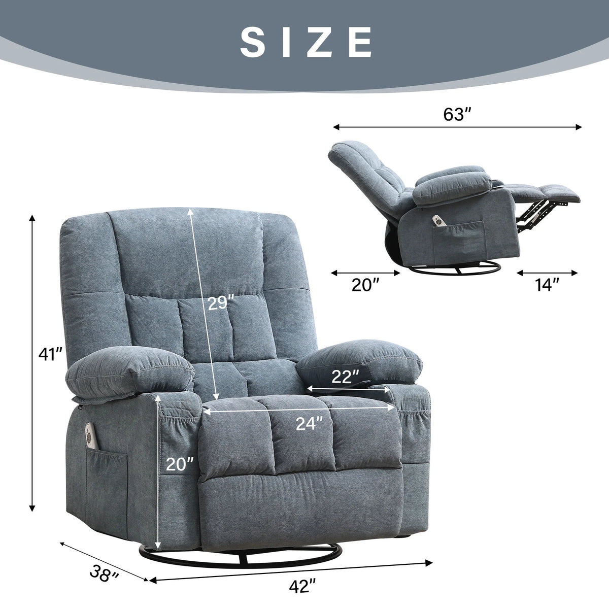 JONPONY Manual Recliner Chair with Heat Therapy and Massage Function, Heavy Duty Reclining Mechanism Massage Chair, Elderly Single Rocker Sofa with Cup Holders for Bedroom Home Theater,Blue