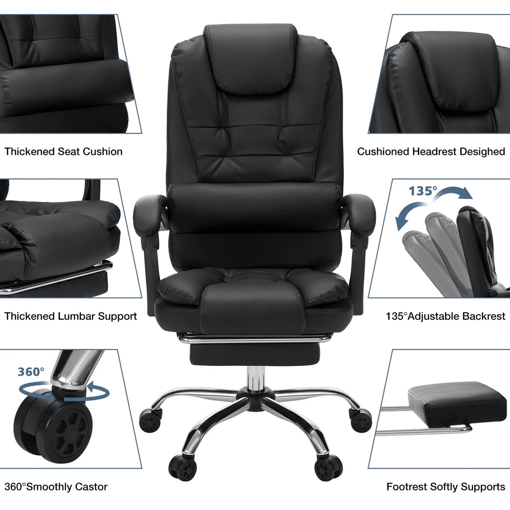 Hoffree Executive Office Chair Massage High Back Leather Office Chair with Footrest Reclining Computer Desk Chair Lumbar Back Support Swivel Rolling for Home Office Black