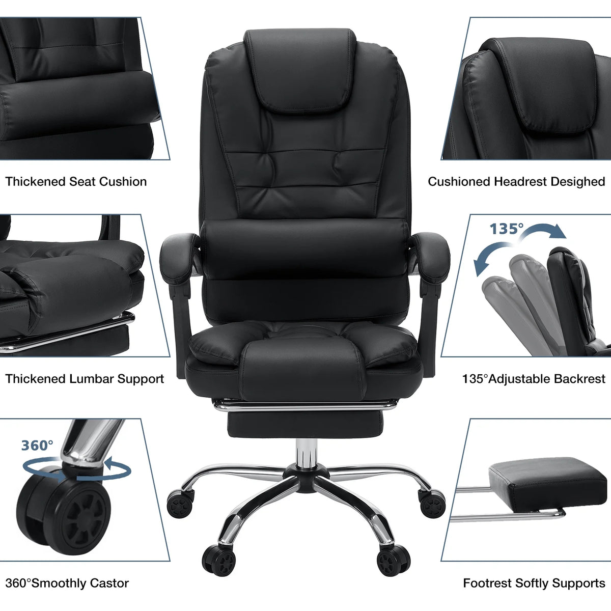 Hoffree Executive Office Chair Massage High Back Leather Office Chair with Footrest Reclining Computer Desk Chair Lumbar Back Support Swivel Rolling for Home Office Black