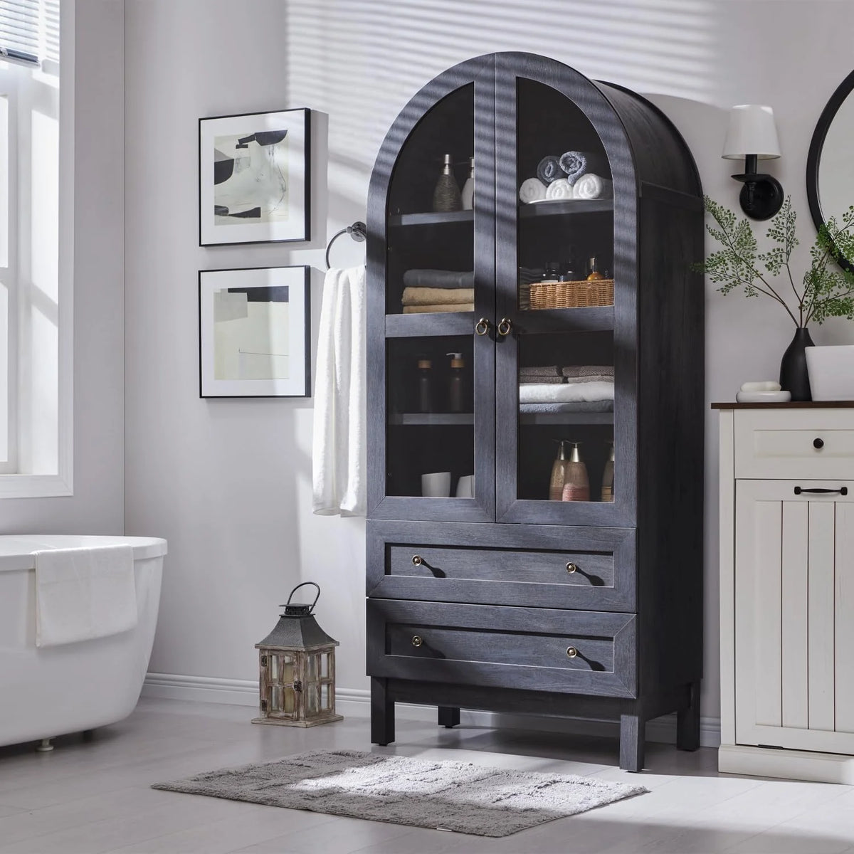 IFGET 71-Inch Arched 4-Tier Bookcase with Glass Doors and Drawers