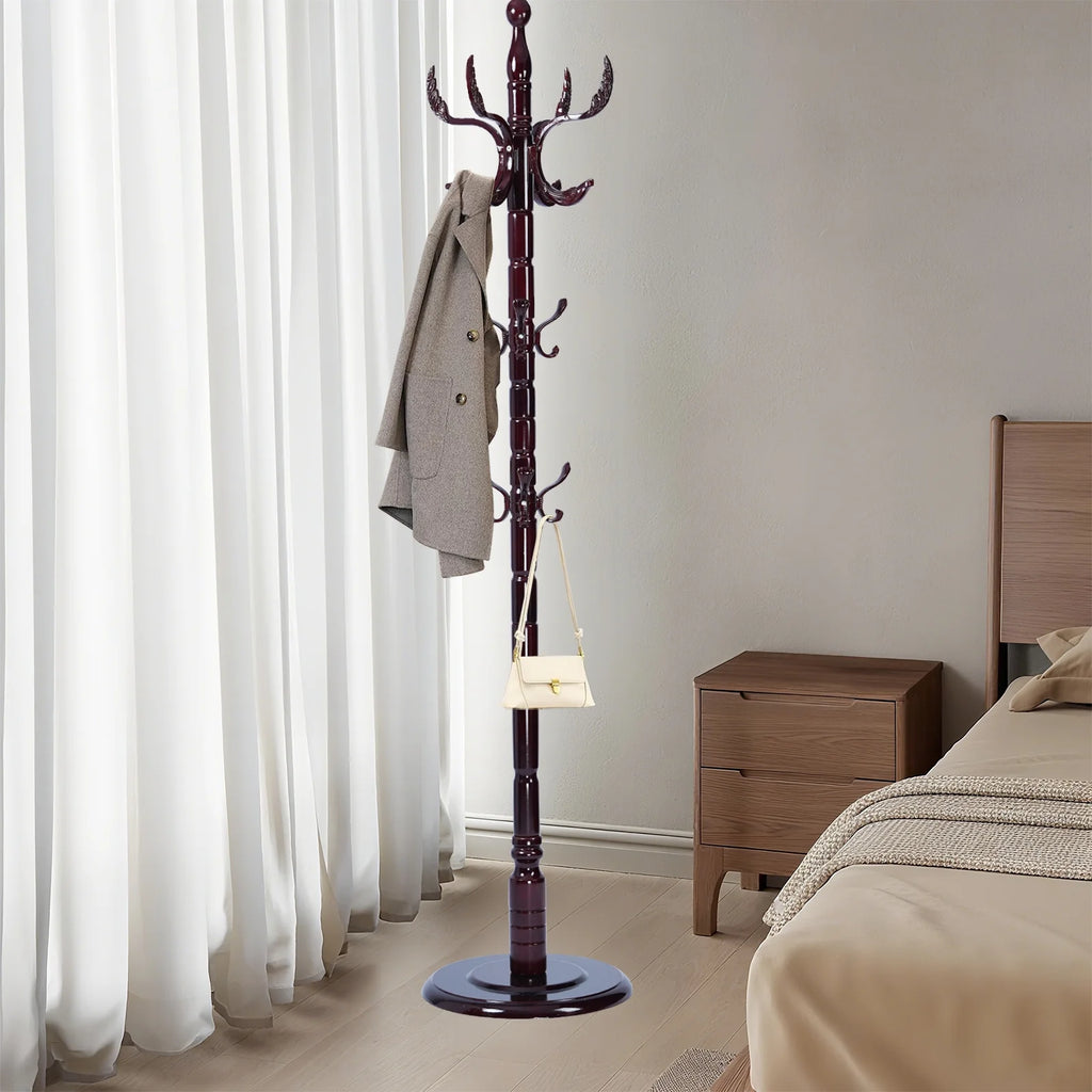Coat Rack Freestanding, Hall Tree with 11 Hooks, Heavy Duty Wooden Coat Tree Stand, Adjustable Height, Sturdy Base for Bedroom Hallway Office - Load 270lbs