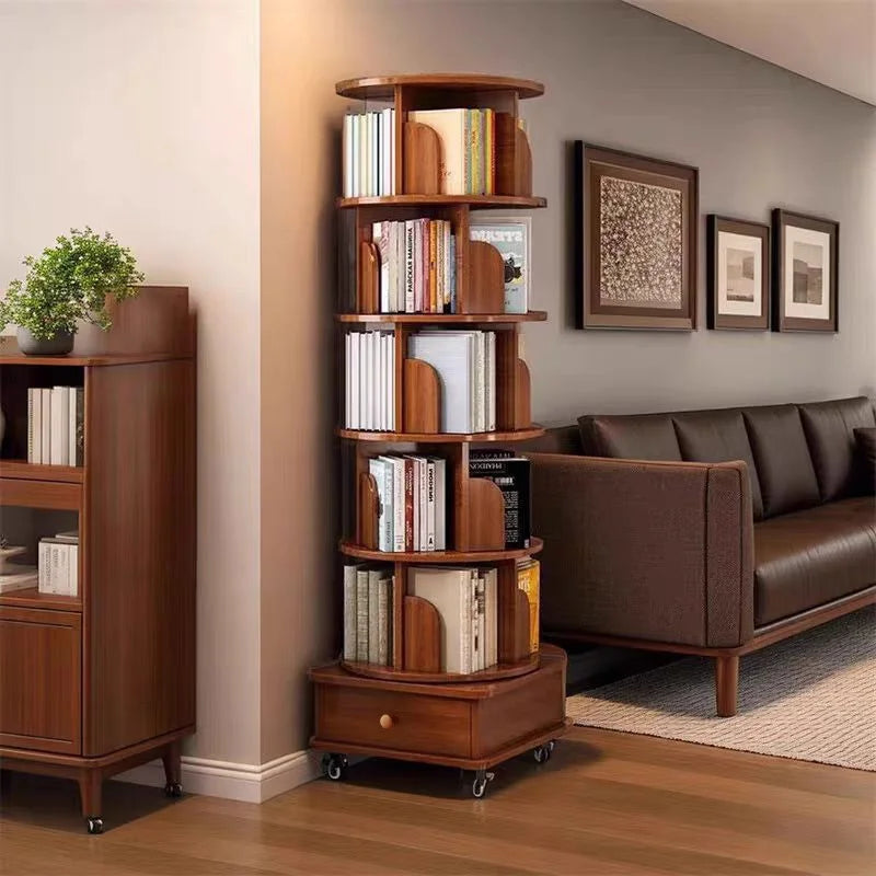 Qiushi 6-Tier Round Rotating Bookshelf with Storage Drawer, 360 Spinning Corner Bookshelf Tower for Small Space, Bookcase Storage Rack with Wheels, Wood Narrow Organizer for Bedroom, Living Room