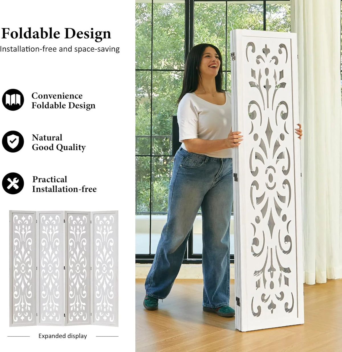 5.6Ft Room Divider Folding Wood Classical Carved Partition Screen for Home Office Garden - 4 Panels (White)