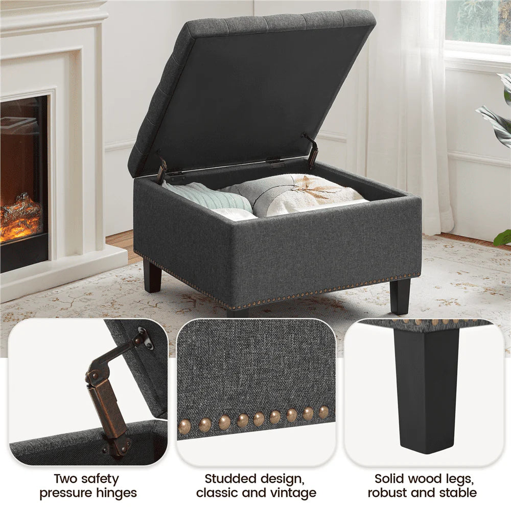 SmileMart Modern linen-like Storage Ottoman Bench with Button-Tufted for Entryway, Dark Gray
