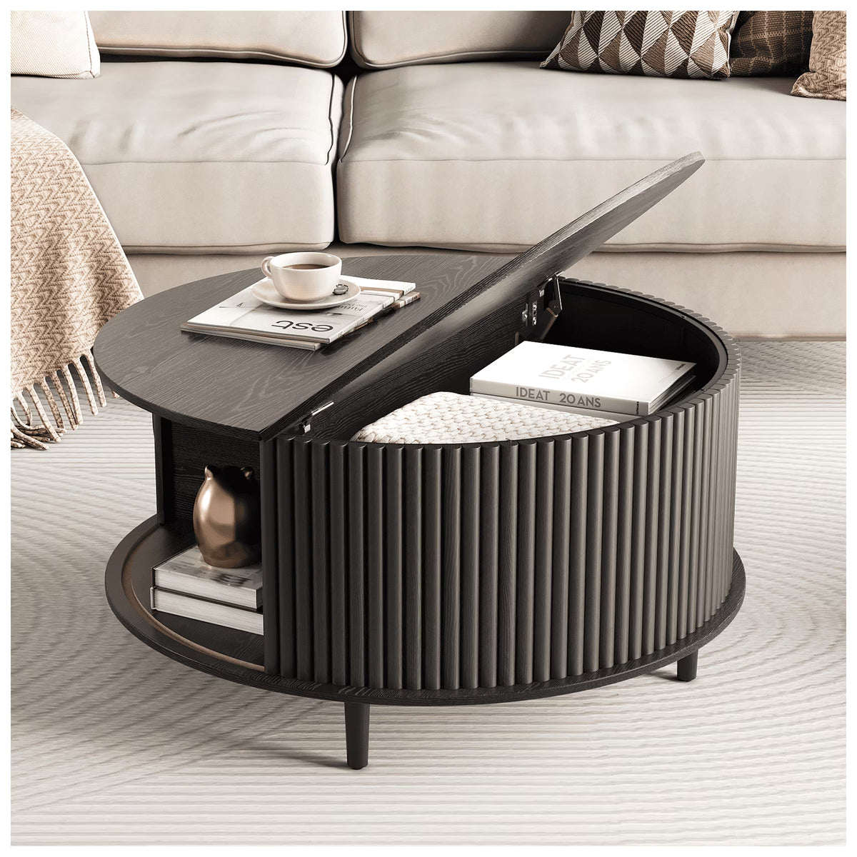 JOINICE Round Coffee Table with Storage and Sliding Door,Mid Century Modern Wooden Center Table,for Living Room,Walnut