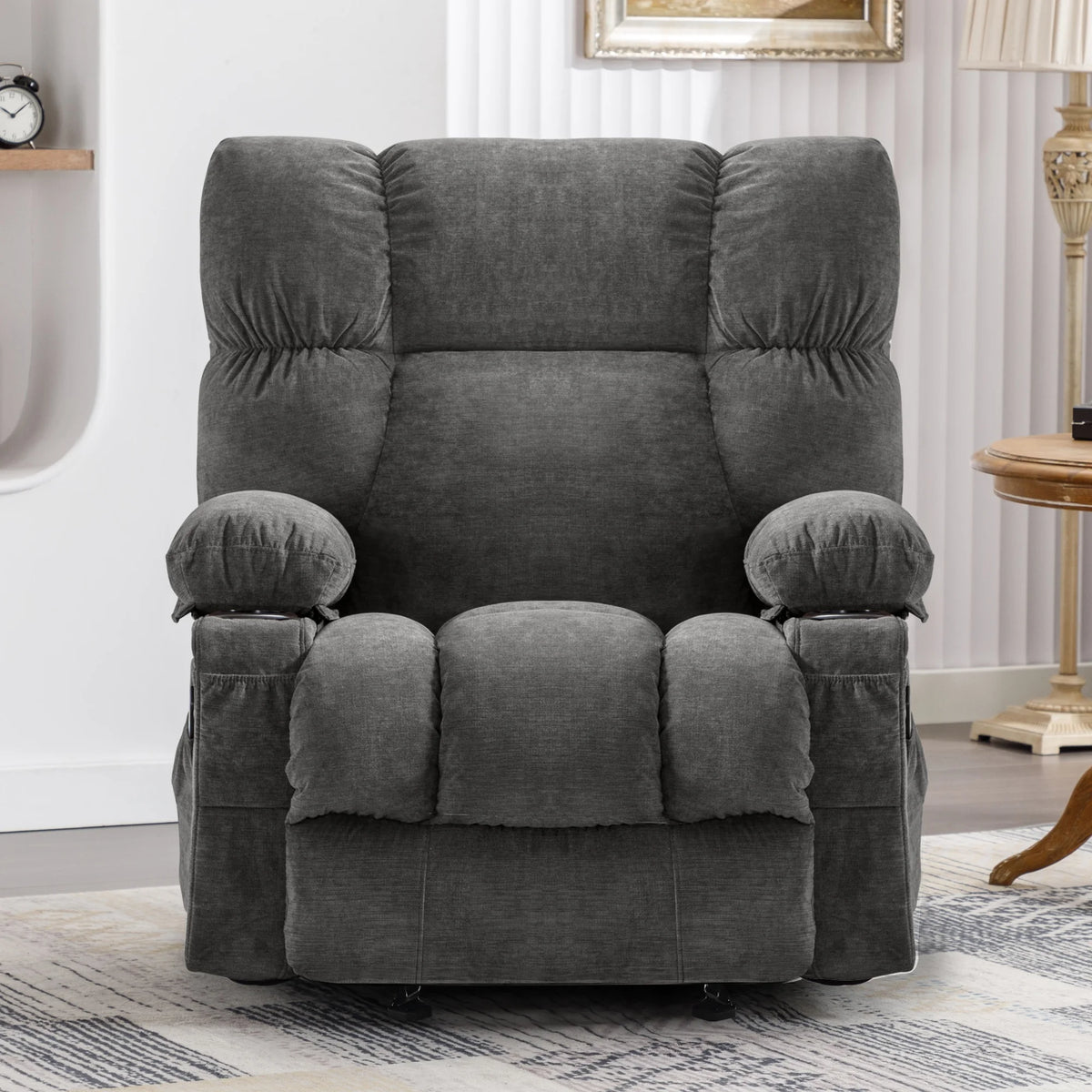 JONPONY Manual Recliner Chair with Heat Therapy and Massage Function, Heavy Duty Reclining Mechanism Massage Chair, Elderly Single Rocker Sofa with Cup Holders for Bedroom Home Theater,Grey