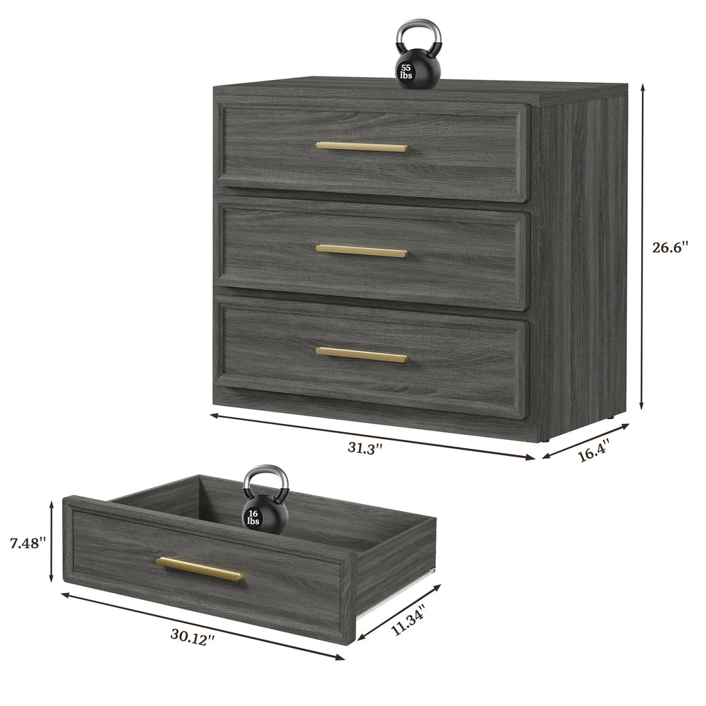 SICOTAS 31.3" W 3-Drawer Nightstand Set of 2 with Oversized Large Storage , Modern Night Stands Bedside Table with Adjustable Feet & Gold Handles for Bedroom Living Room Entryway, Light Oak