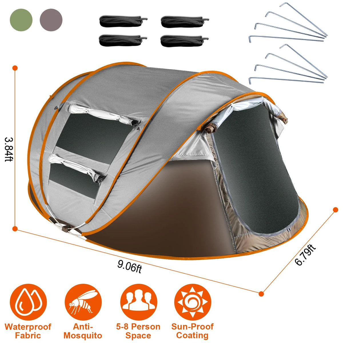 Tcbosik Easy Pop Up Tent for 5-8 Person, Automatic Setup Instant Family Tent with 2 Doors and 4 Mosquito Net Windows, Waterproof Camping Tent with Carry Bag for Hiking & Traveling, Khaki