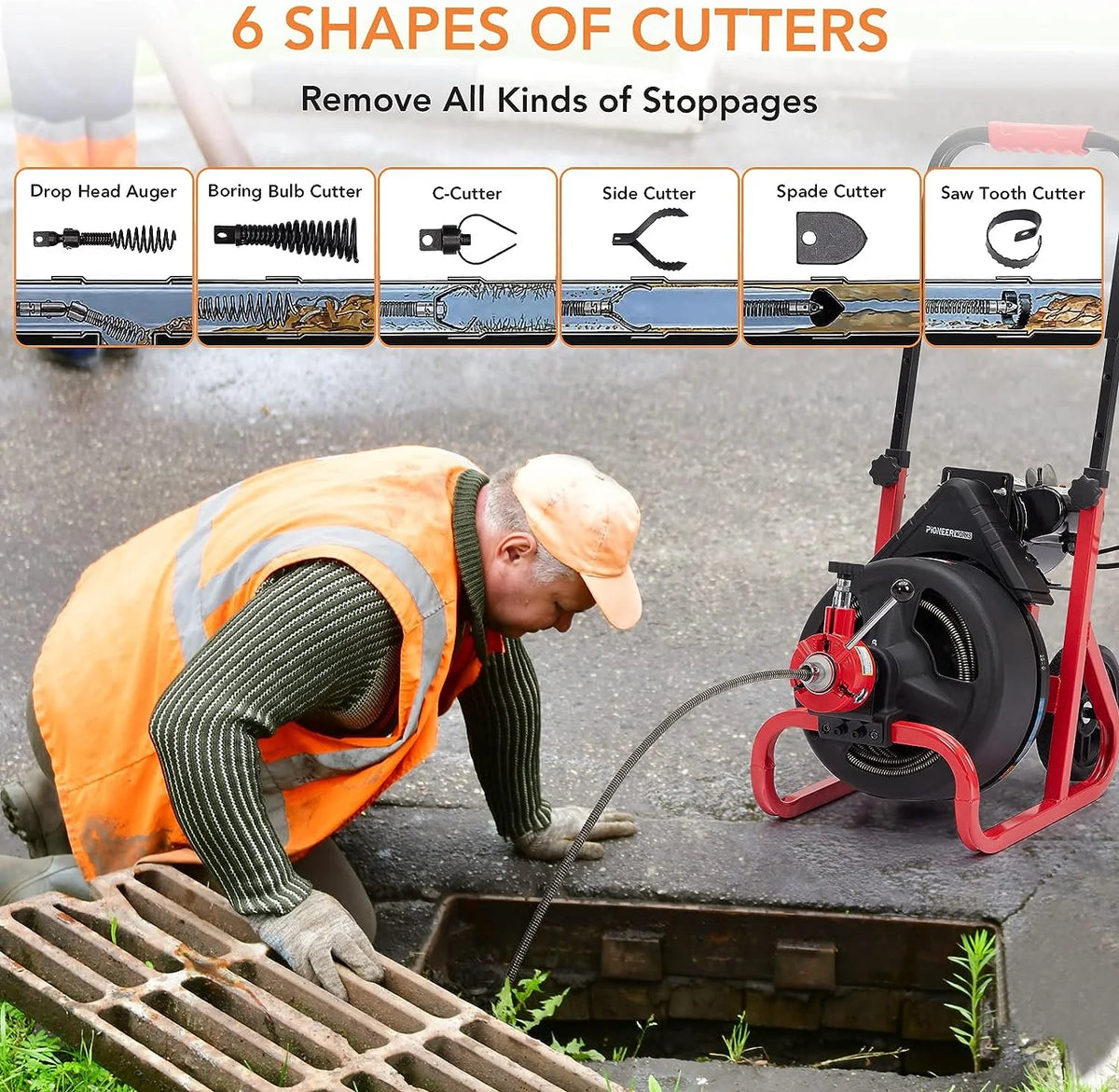 75Ft x 1/2 Inch Drain Cleaner Machine, Auto-feed Electric Drain Auger Professional for 2 to 4 Inch Pipes, with 6 Cutters, Glove, Drain Auger Cleaner Sewer Snake