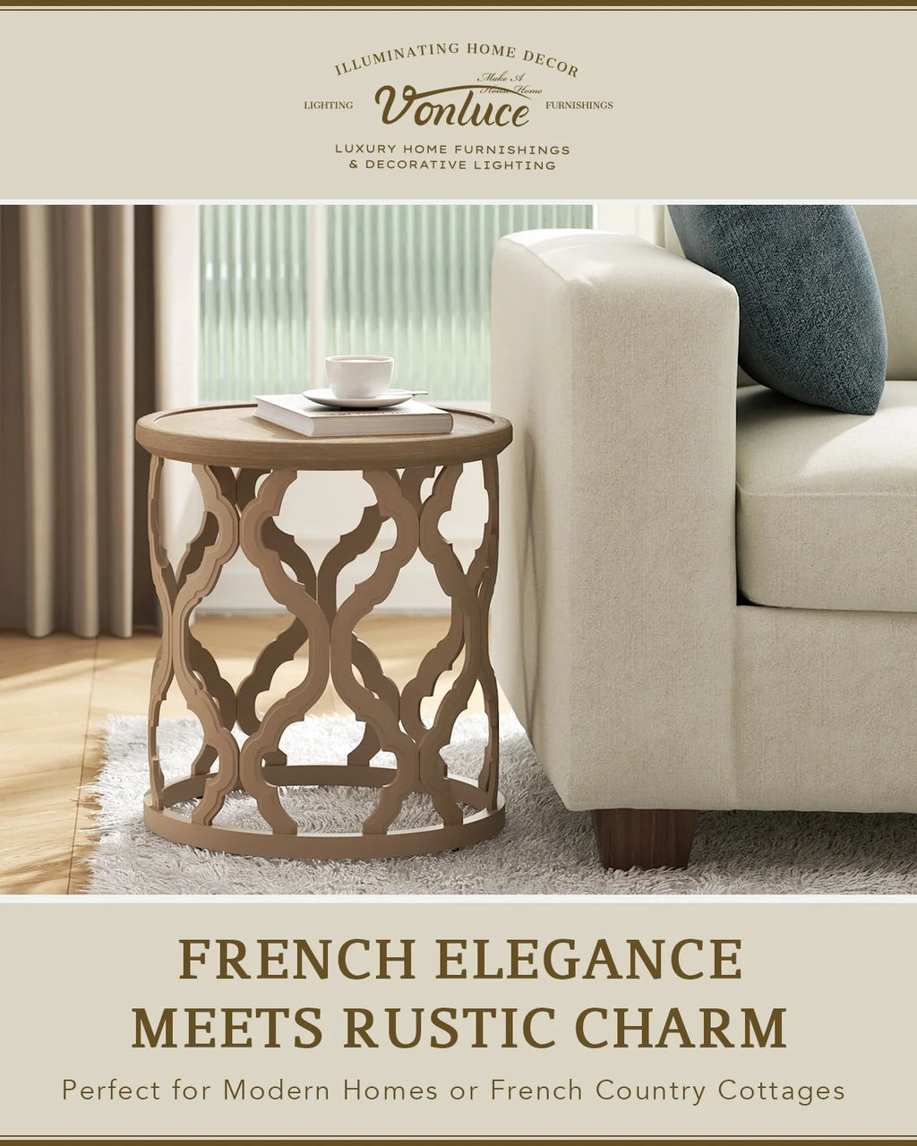 Bestco 30" Farmhouse Coffee Table, Round French Country Coffee Table, Distressed Wood Tray Top Vintage Coffee Table with Storage Shelf, Beige