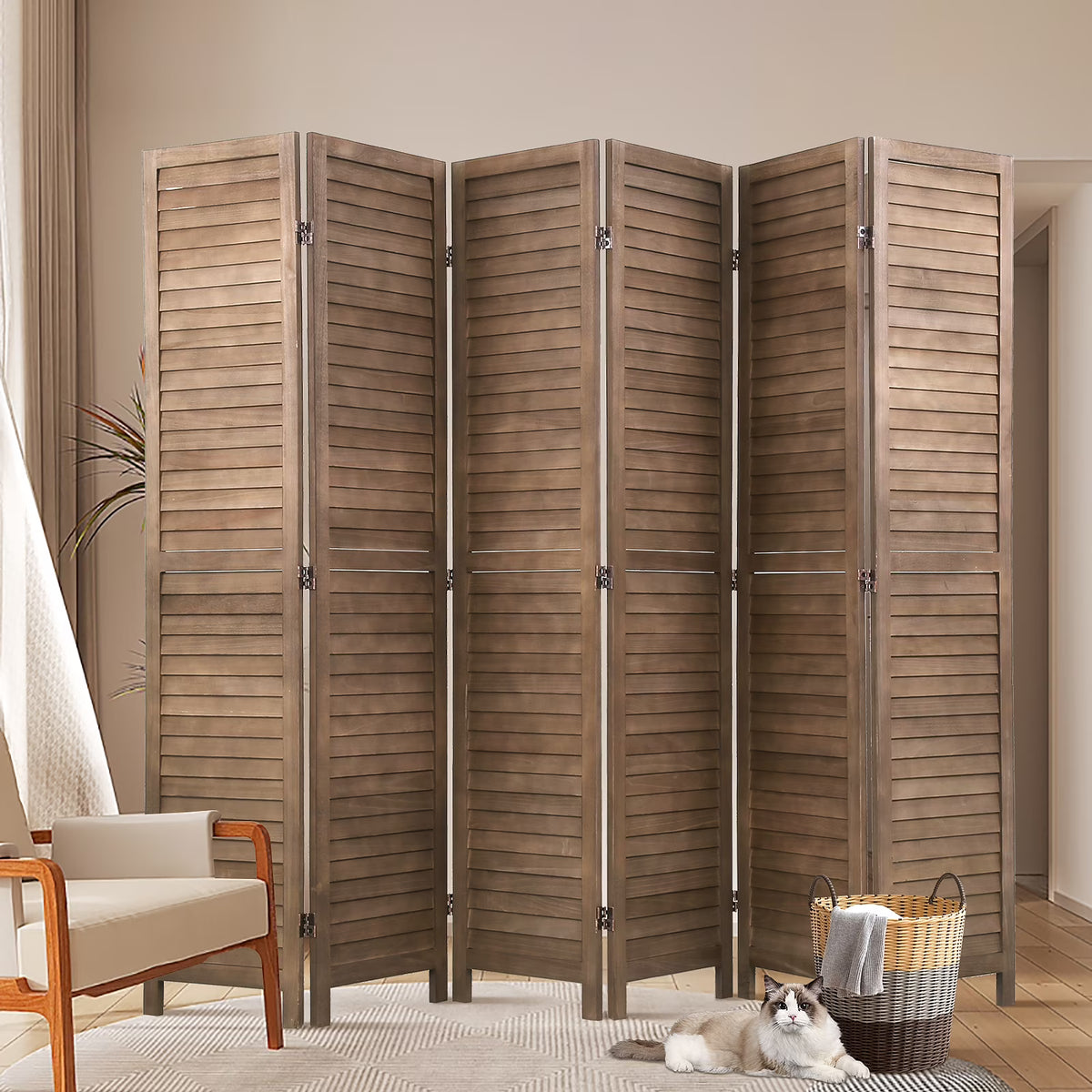 Dkelincs 6 Panel Wood Room Divider Folding Privacy Screen 5.75 Ft Freestanding Partition Wall Divider, Brown