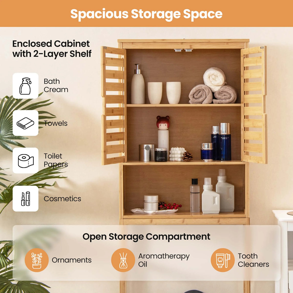 Costway Over the Toilet Storage Cabinet Tall Bathroom Bamboo Shelf Organizer Space Saver