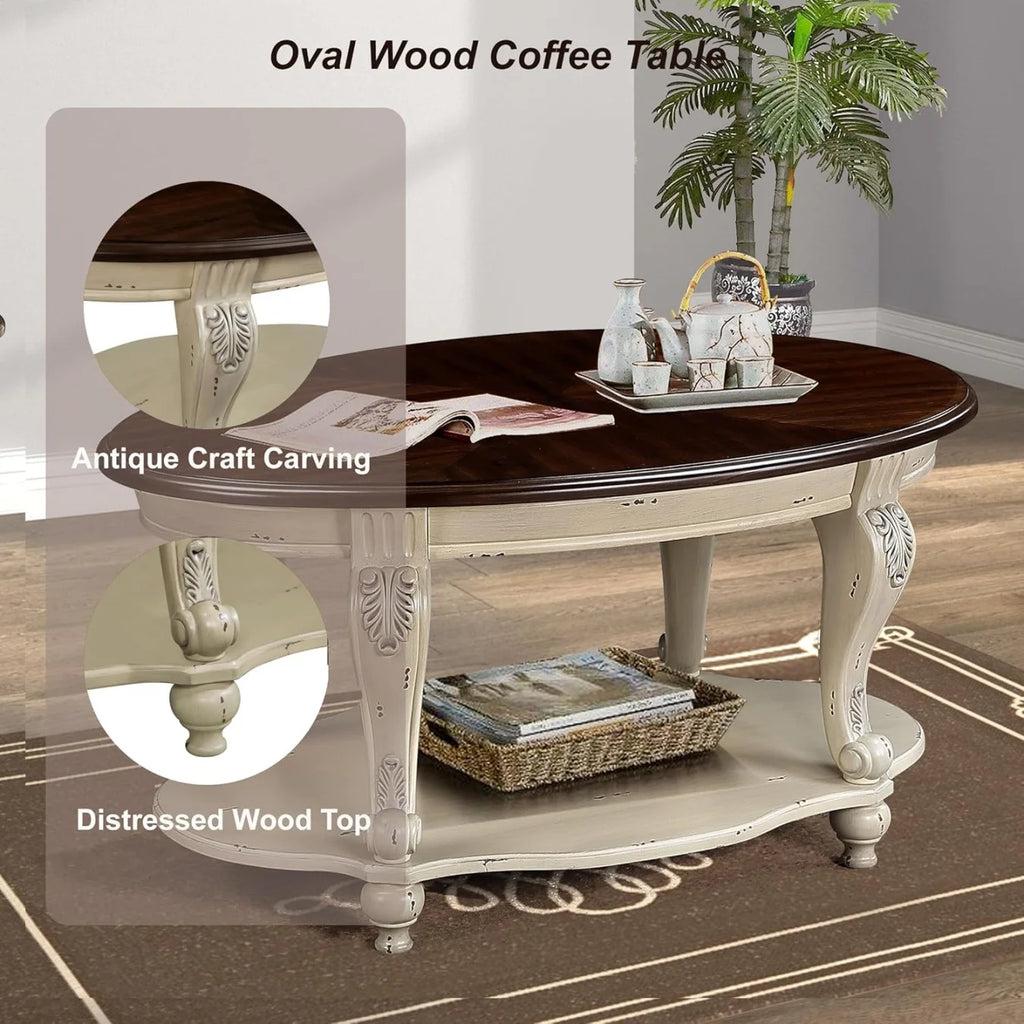 42" Oval Coffee Table with Storage Shelf, 2-Tier Solid Wood Cocktail Tea Table, Traditional Retro Center Table for Living Room, Bearing 400LBS, Cherry