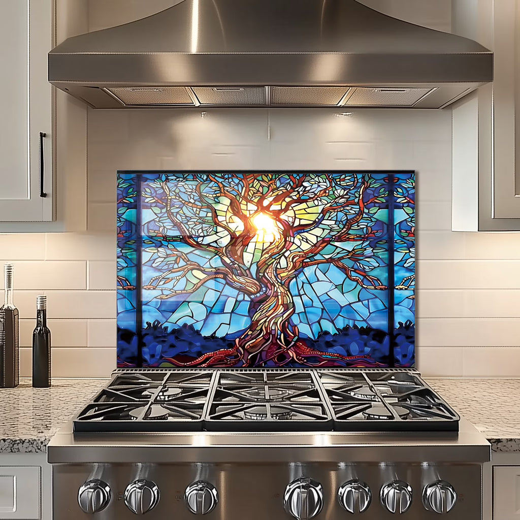 Mosaic Tree of Life Tempered Glass Backsplash For Kitchen Behind Stove,Stove Back Top Cover,Easy to Clean Glass Splashback, Sink Cover Splash Guard,Home Kitchen Wall Decor