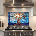 Mosaic Tree of Life Tempered Glass Backsplash For Kitchen Behind Stove,Stove Back Top Cover,Easy to Clean Glass Splashback, Sink Cover Splash Guard,Home Kitchen Wall Decor