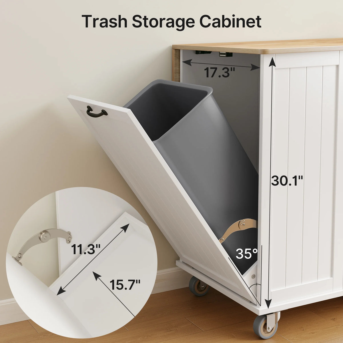 Noelse Rolling Kitchen Island with Drop Leaf Table and Hidden Trash Cabinet, Mobile Kitchen Cart with Storage Drawer, Adjustable Shelves & Rubberwood Countertop on Wheels, White