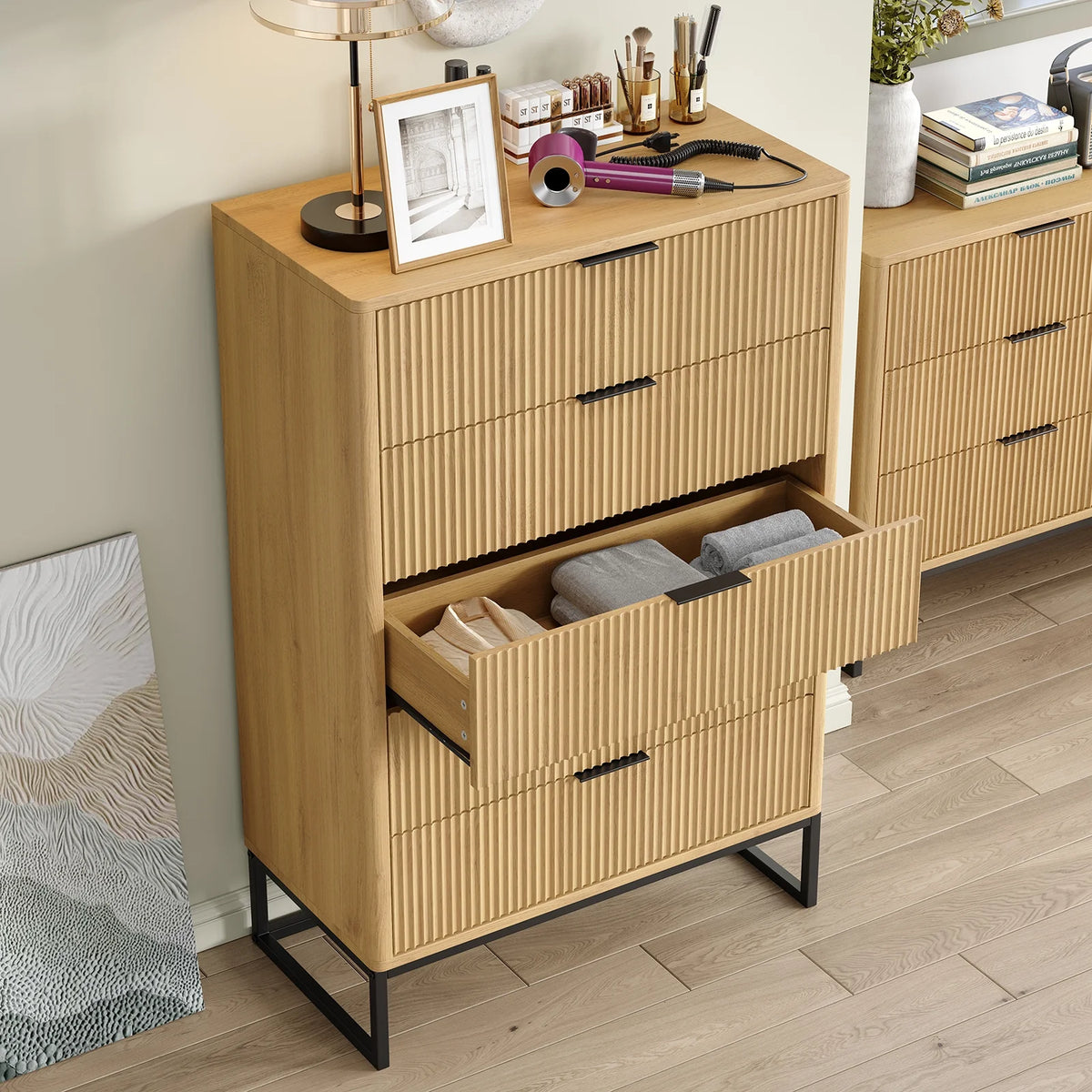 Furnihold 6 Drawer Rattan Dresser for Bedroom, Wooden Dresser Chest of Drawers, Storage Organizer for Closet, Beside Table for Living Room, Entryway