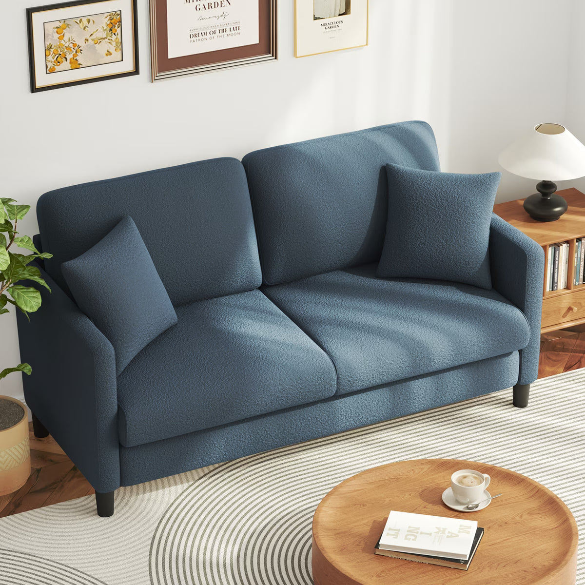 Loveseat Sofa,65" Comfy Teddy Fleece Love Seat Couch,Neche Extra Deep Seats Sofas,Tool-Free Setup Couch with 2 Pillows for Living Room,Coffee Brown
