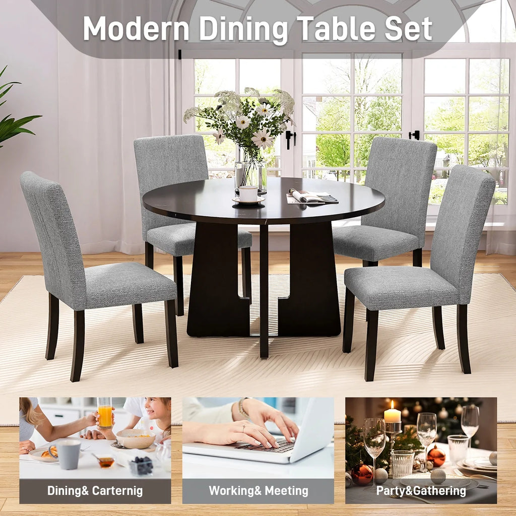EUROCO 5-Piece Round Dining Table Set for 4, 43.3'' Kitchen Room Table with 4 Upholstered Chairs and Solid Wood Frame,Kitchen Table Set for Home Living Dining Room, Grey & Black