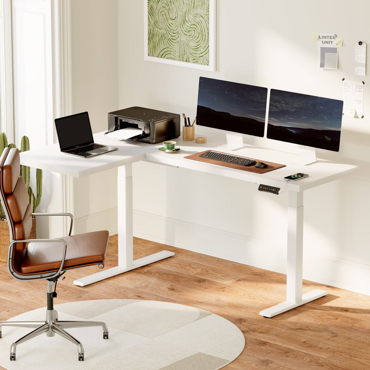 FLEXISPOT  71"x48" L Shaped Height Adjustable Standing Desk Dual Motor Corner Desk White Computer Desk with Splice Board