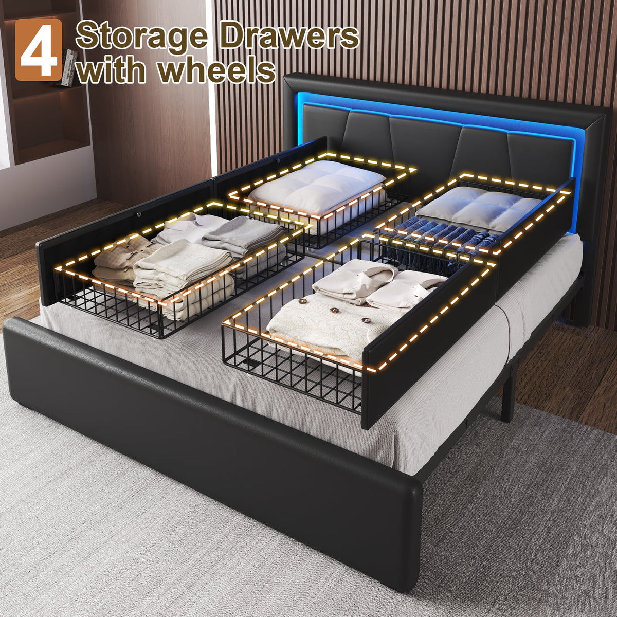 Full Size Upholstered LED Bed Frame with 4 Storage Drawers, Faux Leather Platform Bed with Adjustable Headboard, White