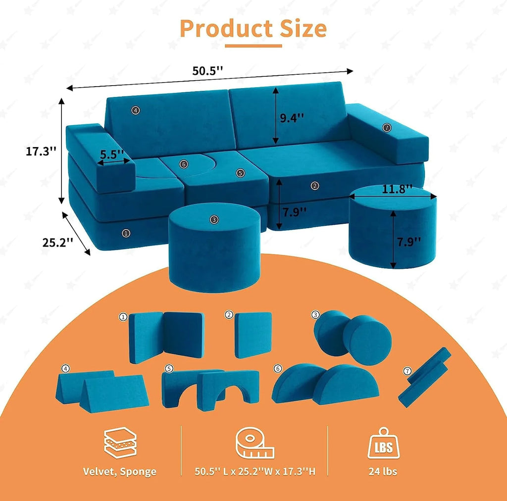 13Pcs Kids Couch, Wanan Toddler Couch Kids Sofa Couch, Kids Fold Out Couch for Playroom Bedroom, Modular Couch for Boys and Girls, Play Couch Sofa for Kids, Blue