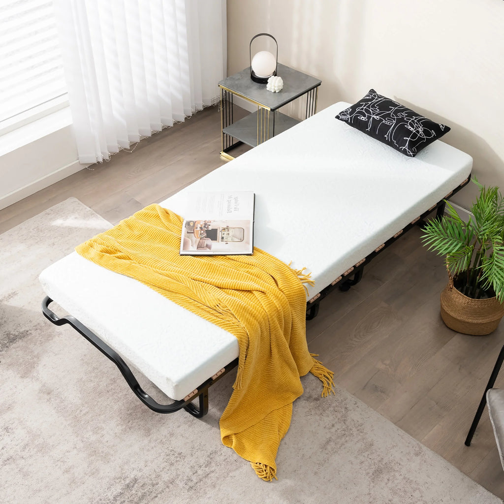 Gymax Portable Foldable Guest Bed w/ Solid Wood Slats & Metal Frame Rollaway Bed for Adults w/ Wheel