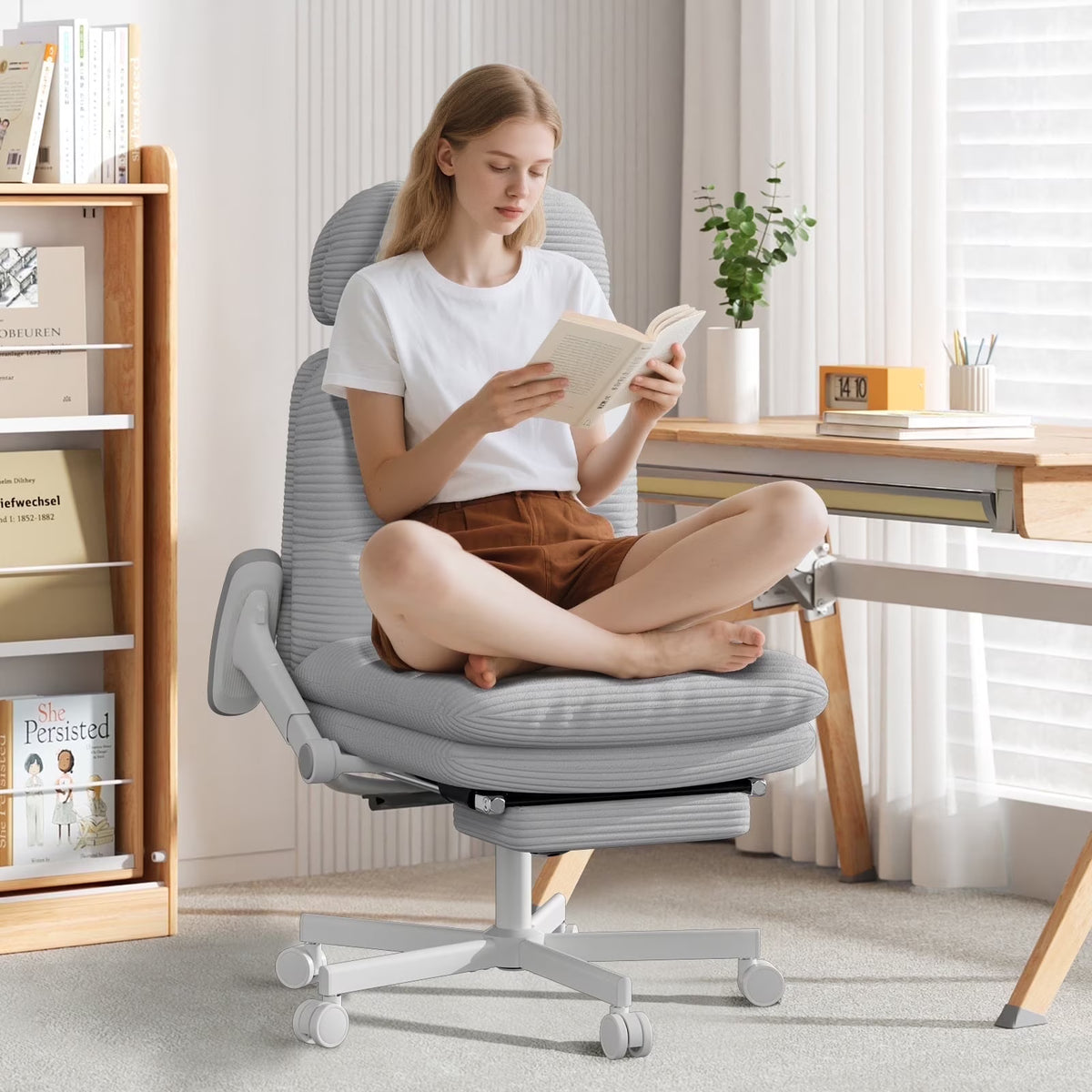 HomeZeer Ergonomic Cross-Legged Office Chair with Footrest & Headrest, Heavy Duty Executive Desk Chair with Flip-up Armrests, Corduroy Fabric Computer Criss Cross Chair for Home Office, Black