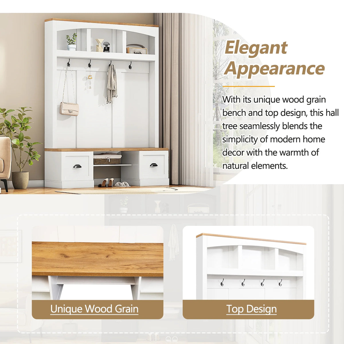 Harper & Bright Designs Farmhouse Hall Tree with Bench and Shoe Storage, Mudroom Bench with Coat Rack and Adjustable Shelves for Hallway, Living Room, White