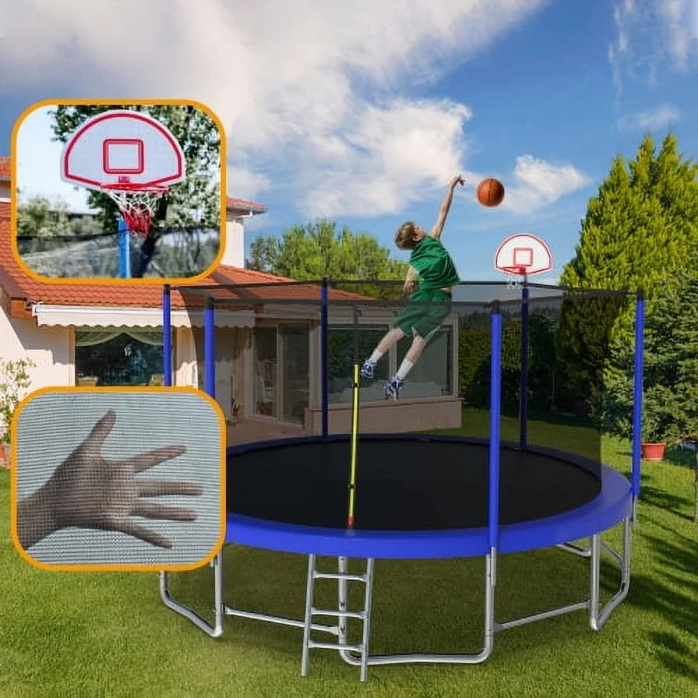 16FT Trampoline for Kids and Adults,Outdoor Large Recreational Trampoline with Ladder and Basketball Hoop,Blue