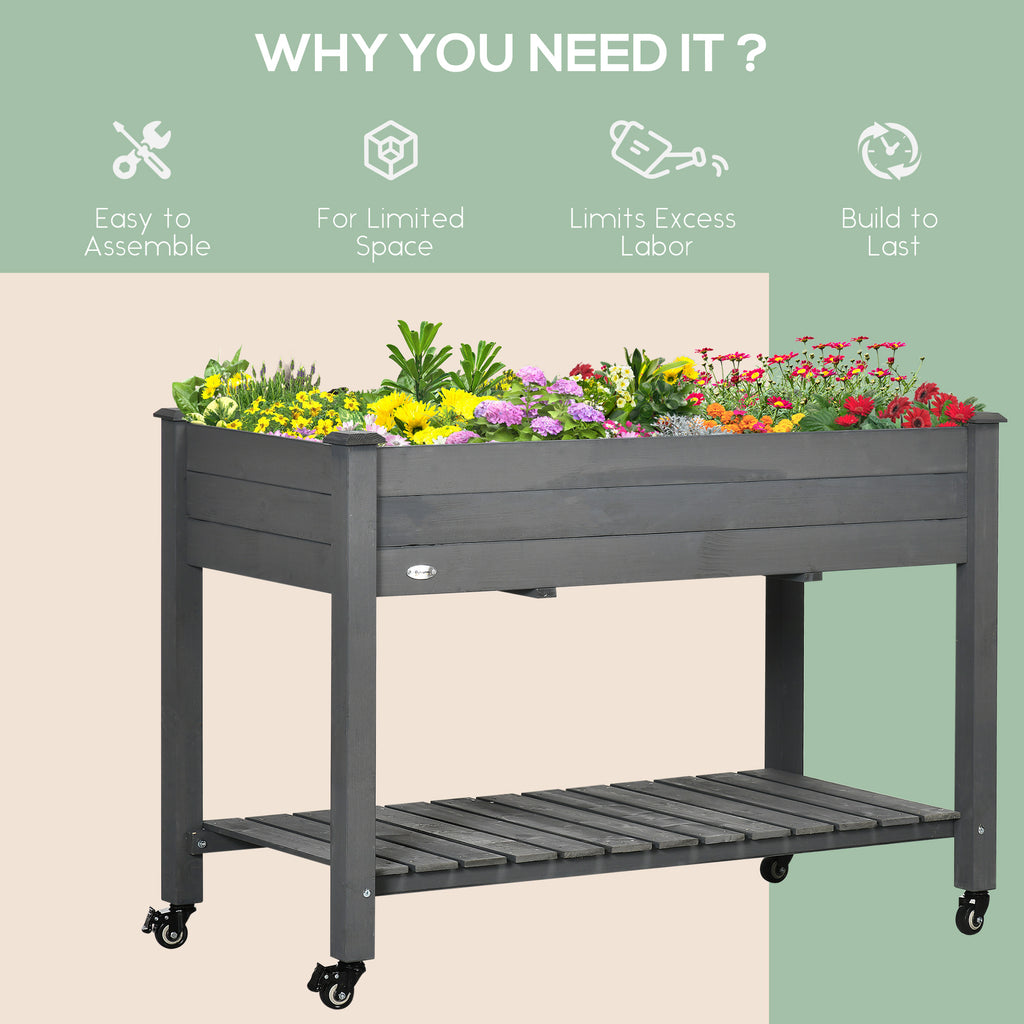Outsunny 47" x 21" Raised Garden Bed Elevated Wooden Planter Box w/ Lockable Wheels, Storage Shelf and Bed Liner for Backyard, Patio, Dark Gray