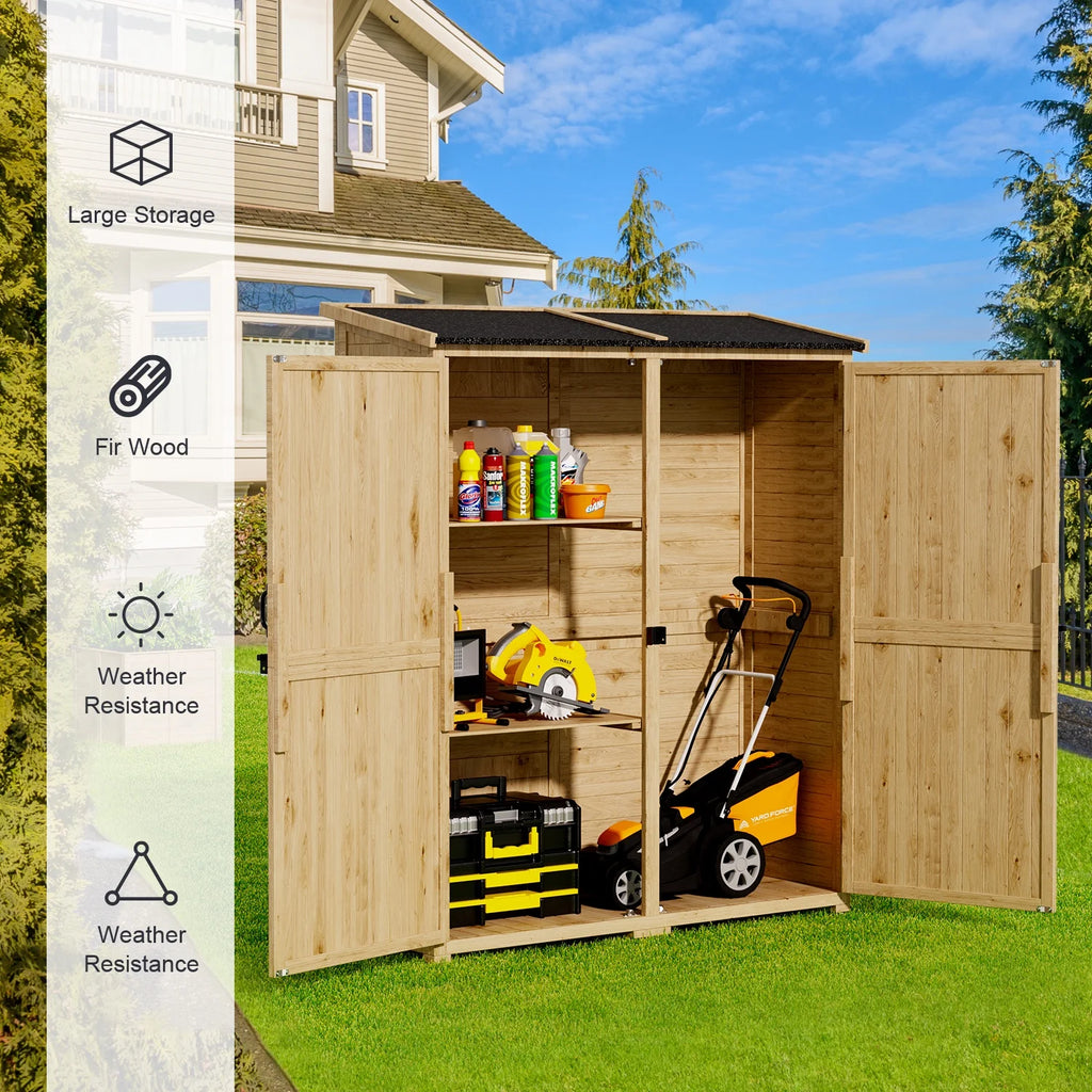 63.2" Outdoor Storage Cabinet, Lofka  Lockable Doors Garden shed with Adjustable Shelves| Asphalt Roof| Ventilate Shutter, Wood Shed with Large Storage Space, Waterproof Roof for Garden, Natural