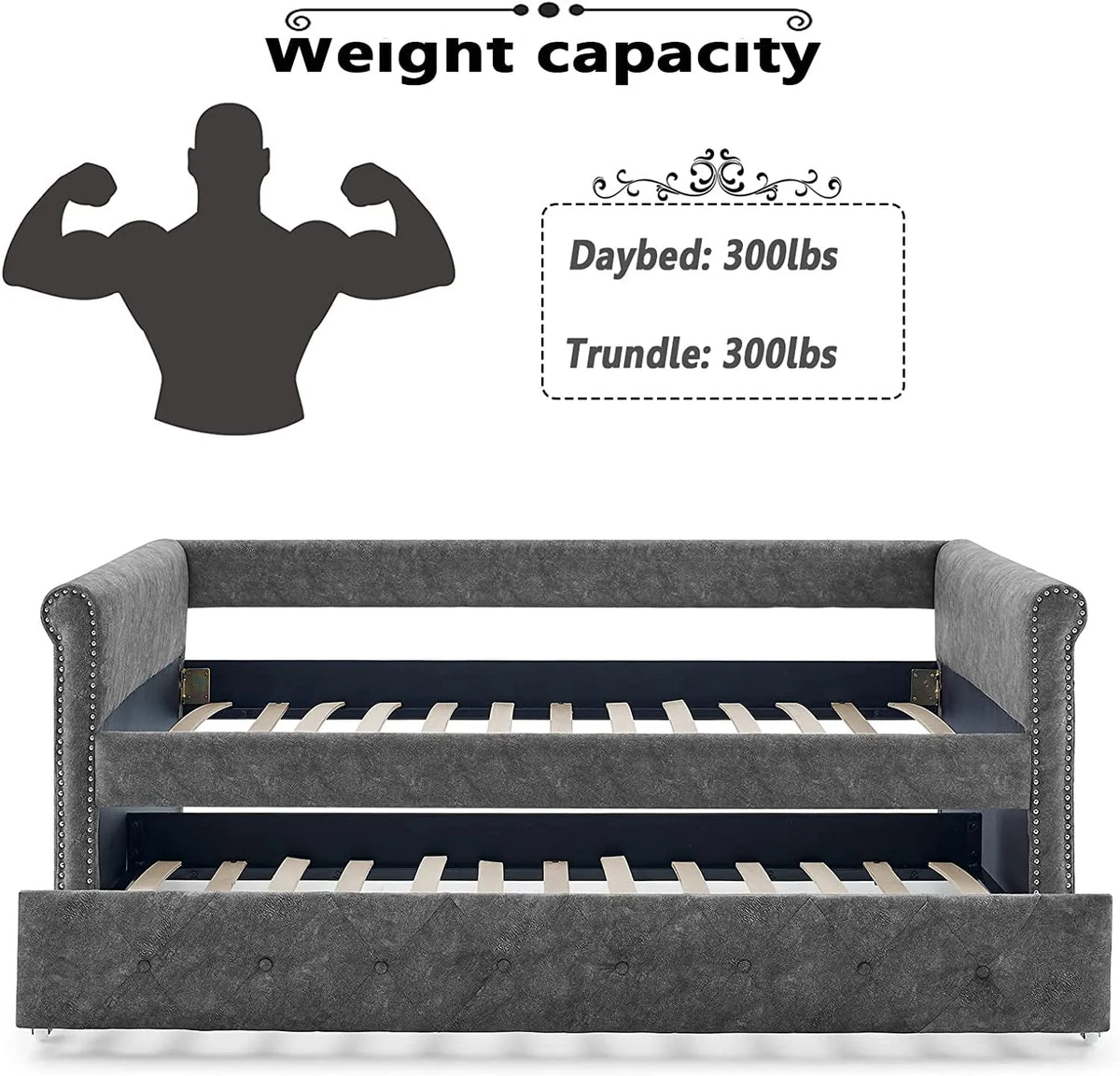 Daybed with Trundle, Muumblus Modren Kids Pull Out Sofa Bed for Bedroom & Living Room, Twin Size, Grey Linen Upholstered