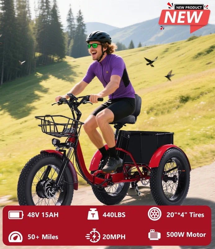 YEBEI Electric Tricycle for Adults Folding E-Trike Motorized Tricycle Electric 3 Wheels Trike Powerful 500W Motor Electric Tricycle 48V15AH Lithium Battery Max 20MPH 20*4.0” Fat Tire Orange