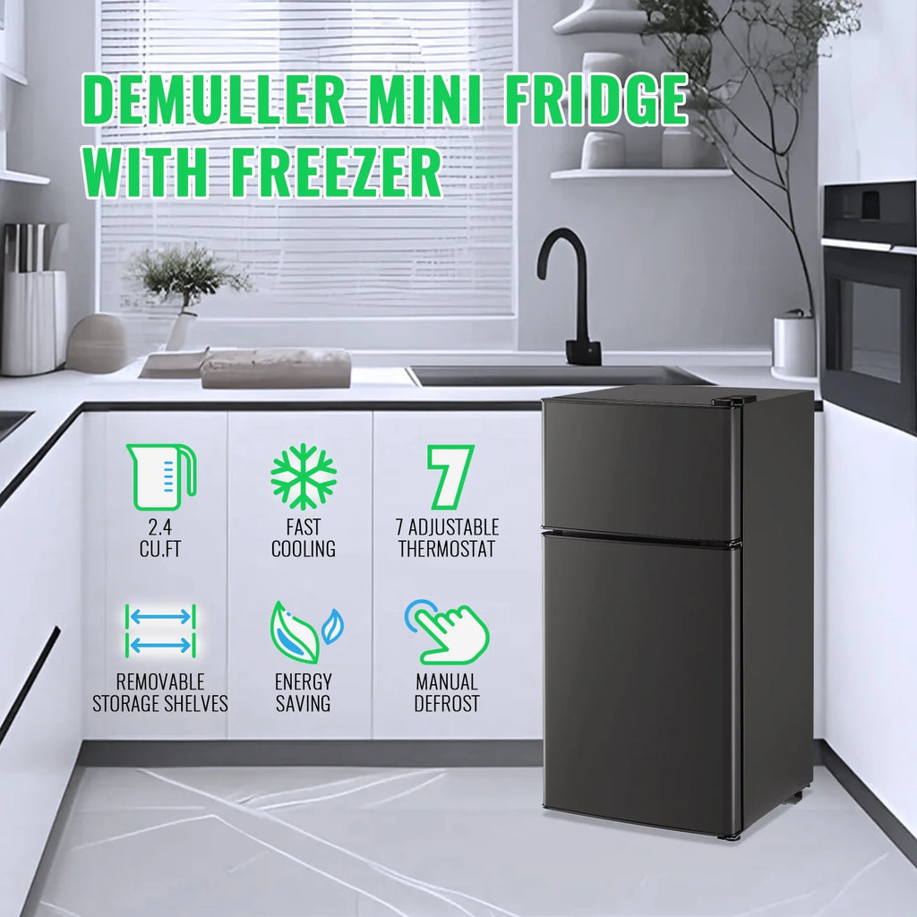 DEMULLER 2.4 Cu.ft Refrigerator Mini Fridge with Freezer Dual Door Personal Fridge New Silver Sale