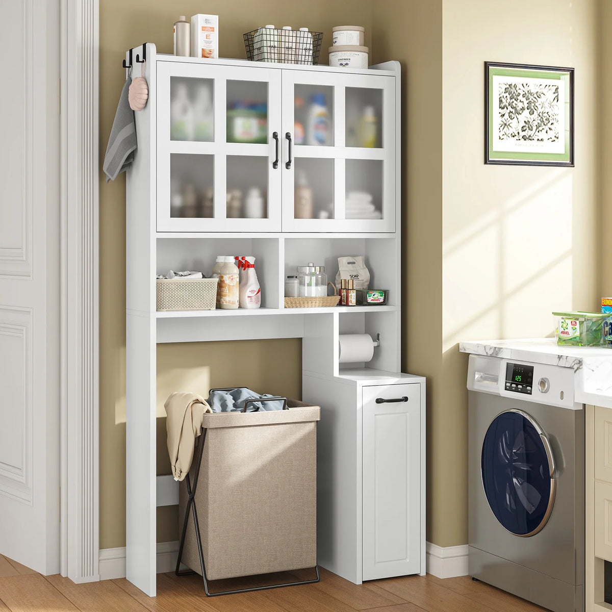 Frhnenha Over The Toilet Storage Cabinet with Pulley, Bathroom Storage Cabinet, with Adjustable Shelf and Open Shelf for Bathroom, Restroom, Laundry, White