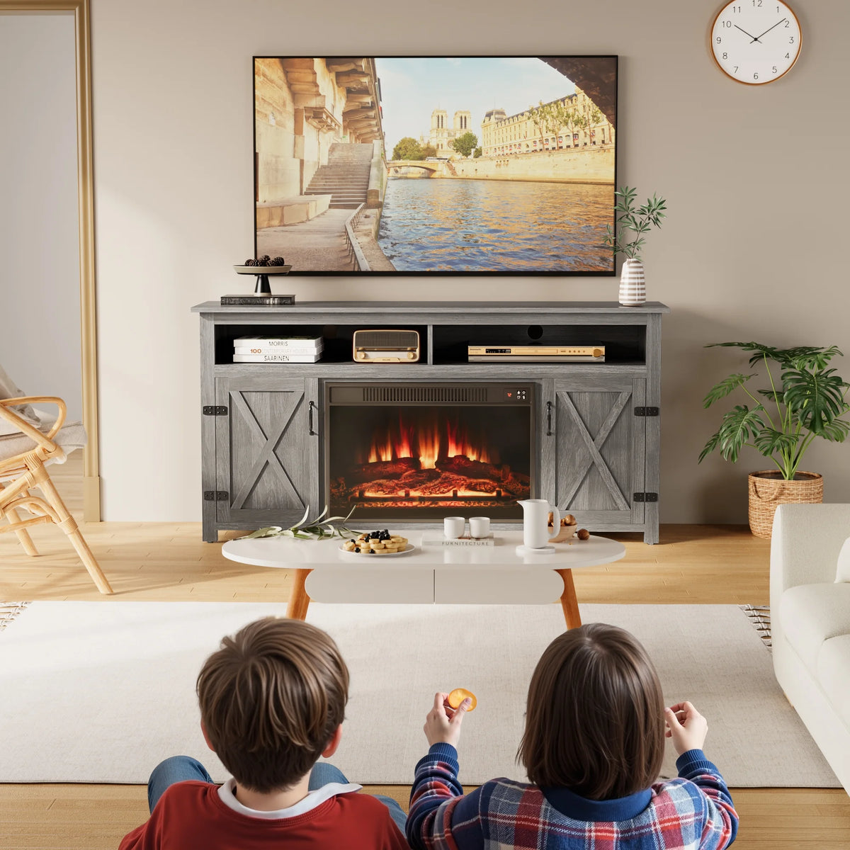Homall Rustic 65" Television Stand with Electric Fireplace & 2 Shelves, Wood Oaken, 15.1'' W