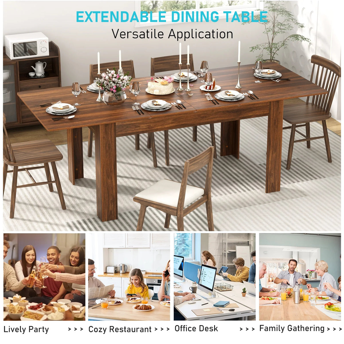 ChVans Large Mobile Extendable Dining Table for 6-8, Modern Wood Kitchen Table Rectangular Table for Dining Room, Living Room