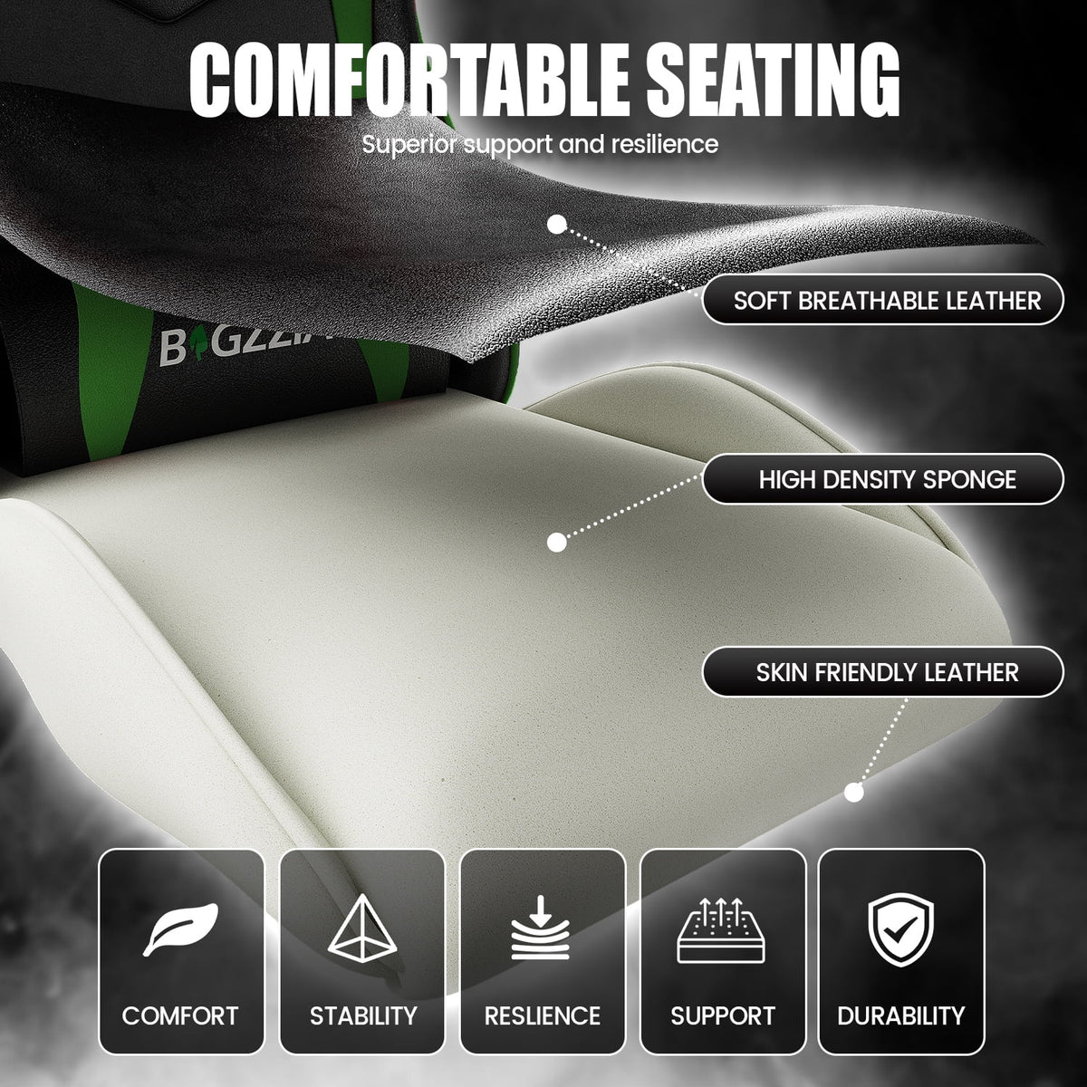 Bigzzia Gaming Chair Office Chair, Ergonomic Game Chair with Height Adjustable Headrest and Lumbar Support for Adults Teens, Black & White