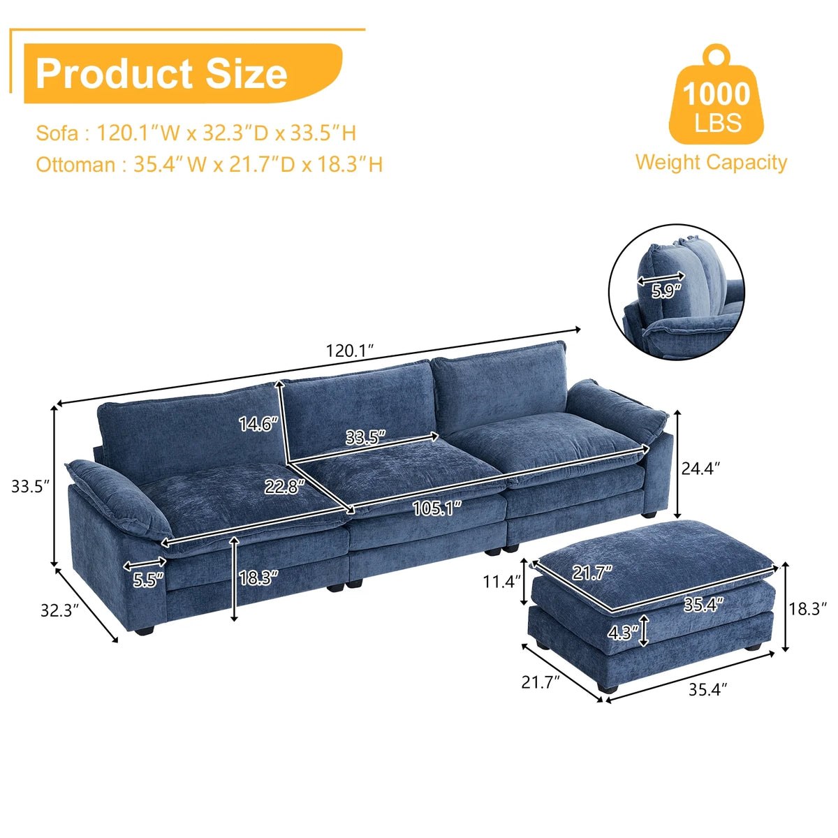 Zimtown Sectional Sofa with Ottoman, L Shaped Convertible Couch with Removable Chaise Chenille Fabric Sofa Set for 4-6 Persons Living Room Furniture Dark Grey