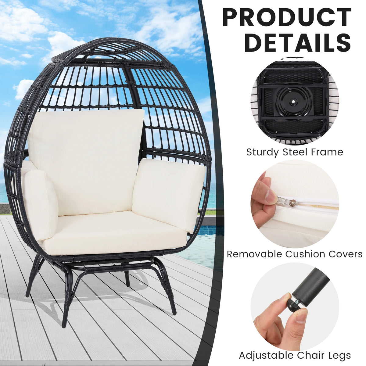 Skandiquip Oversized Rattan Adult Egg Chair, 360 Swivel, Outdoor Patio Chair with overstuffed Cushions, Indoor Large Wicker Egg Chair, Natural Rattan, Beige Cushion