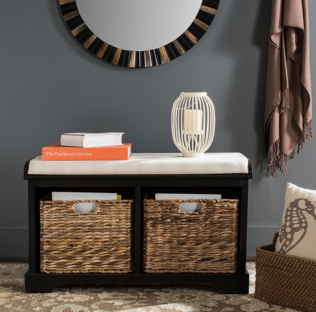 SAFAVIEH Freddy Contemporary Wicker Storage Bench with Cushion, Vintage Grey